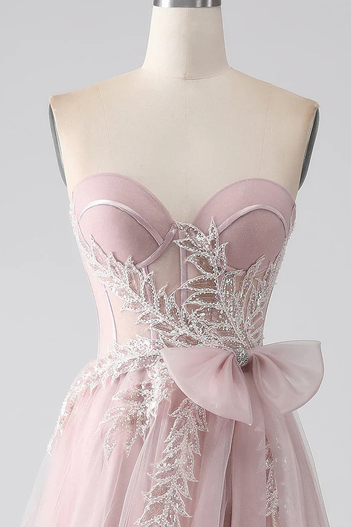 Dress Sparkly A Line Strapless Tulle Party Dress Sleeveless Maxi Dress With Bow Prom Dress