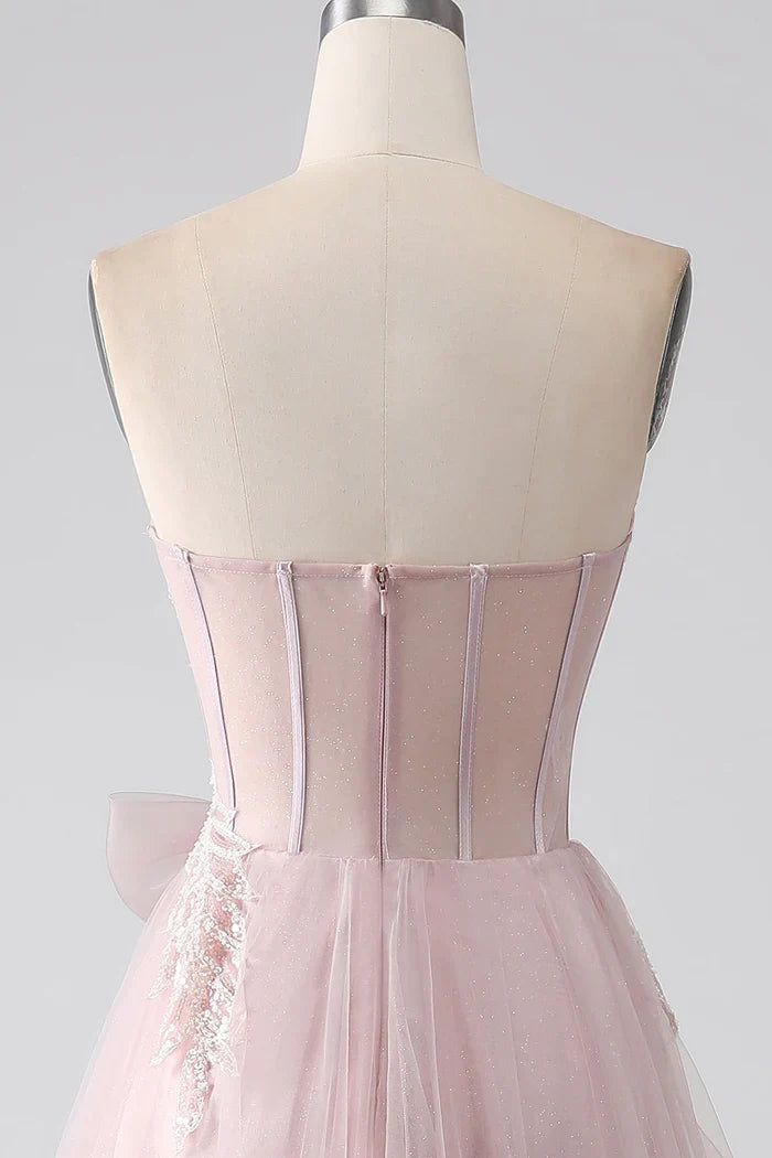 Dress Sparkly A Line Strapless Tulle Party Dress Sleeveless Maxi Dress With Bow Prom Dress