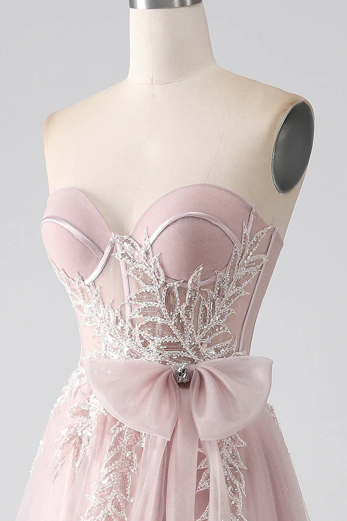 Dress Sparkly A Line Strapless Tulle Party Dress Sleeveless Maxi Dress With Bow Prom Dress