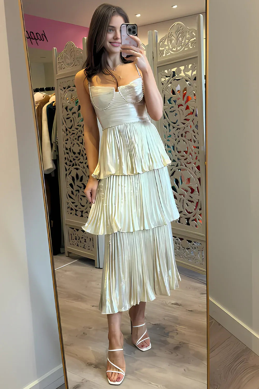 Dress Sparkly A Line Sweetheart Champagne Tea Length Party Dress with Ruffles Prom Dress