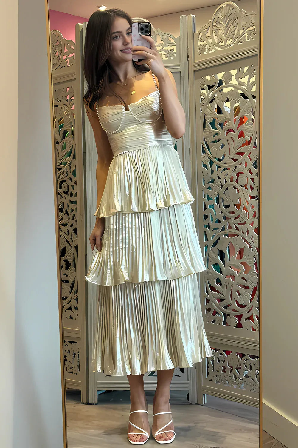 Dress Sparkly A Line Sweetheart Champagne Tea Length Party Dress with Ruffles Prom Dress