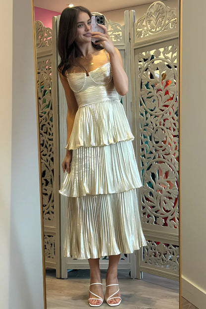 Dress Sparkly A Line Sweetheart Champagne Tea Length Party Dress with Ruffles Prom Dress