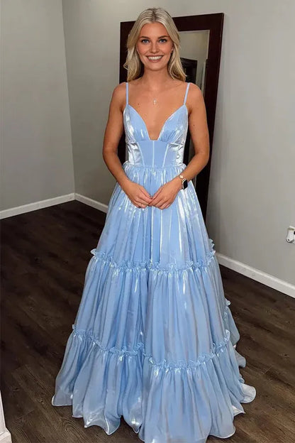 Dress Sparkly A Line V Neck Glitter Light Blue Long Prom Dress