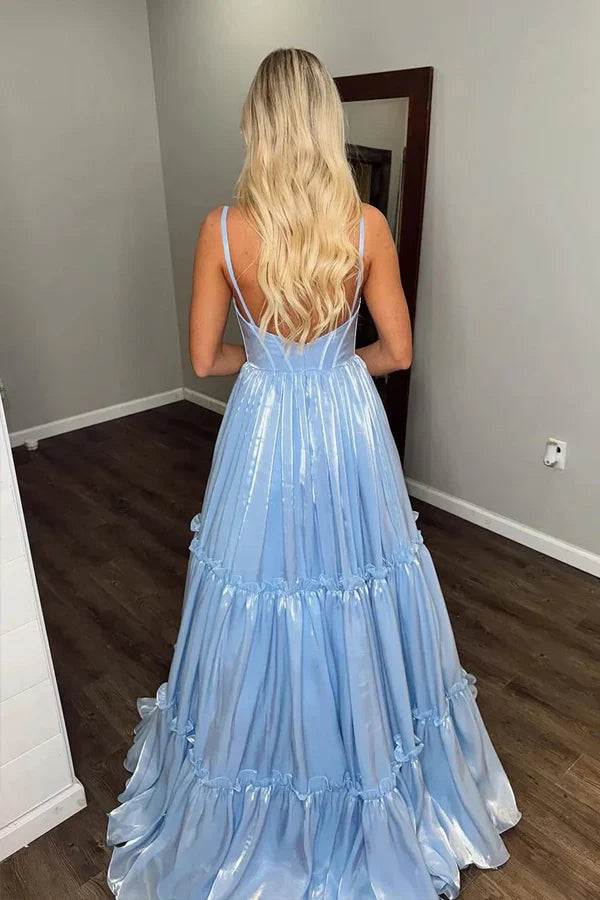 Dress Sparkly A Line V Neck Glitter Light Blue Long Prom Dress