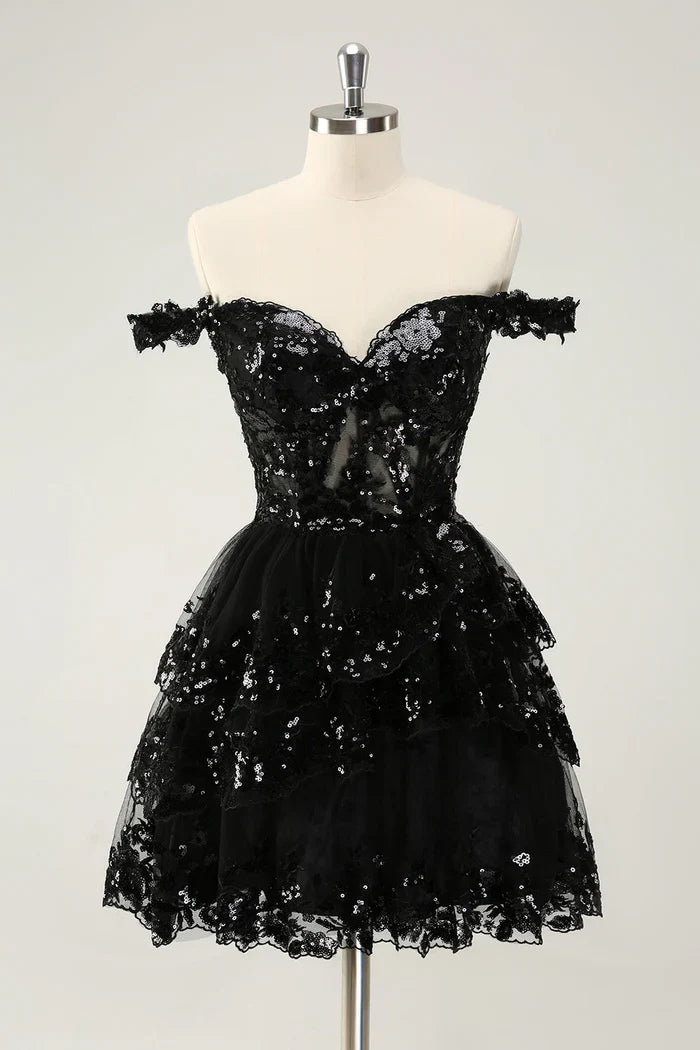 Dress Sparkly Black A Line Off The Shoulder Corset Tiered Lace Short Homecoming Dress Sleeveless Party Dress
