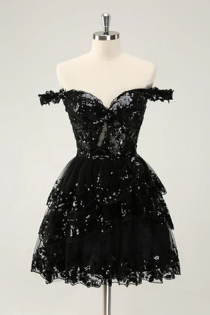 Dress Sparkly Black A Line Off The Shoulder Corset Tiered Lace Short Homecoming Dress Sleeveless Party Dress