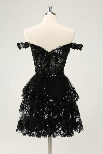 Dress Sparkly Black A Line Off The Shoulder Corset Tiered Lace Short Homecoming Dress Sleeveless Party Dress