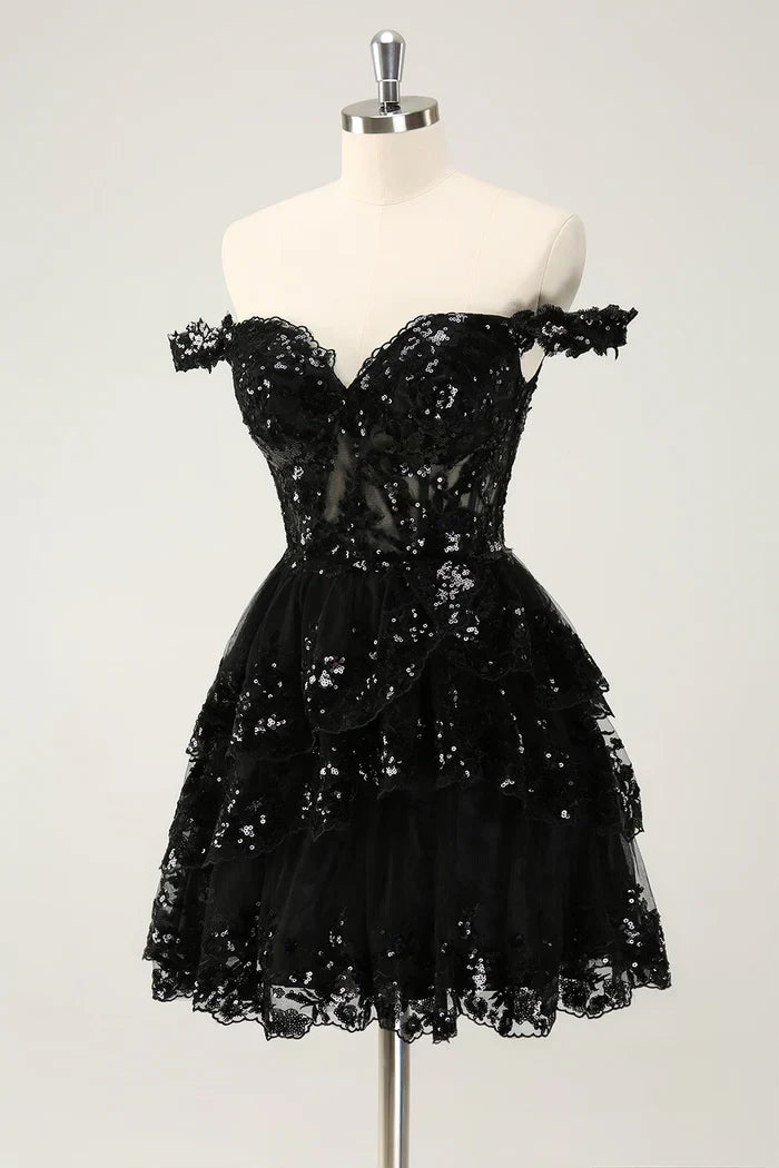 Dress Sparkly Black A Line Off The Shoulder Corset Tiered Lace Short Homecoming Dress Sleeveless Party Dress