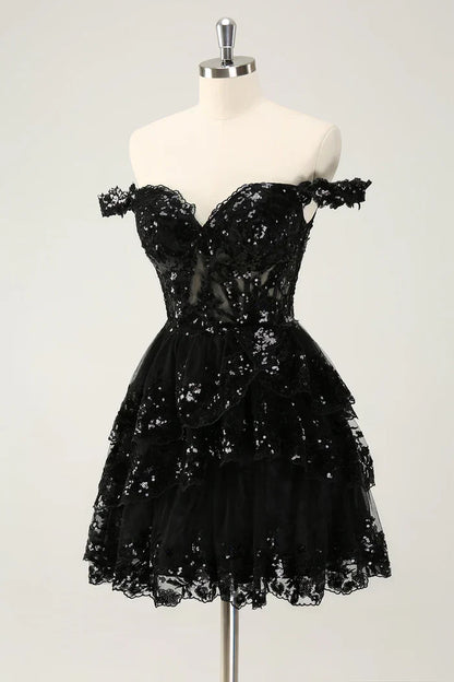 Dress Sparkly Black A Line Off The Shoulder Corset Tiered Lace Short Homecoming Dress Sleeveless Party Dress