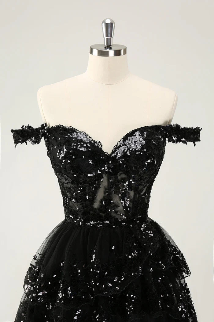 Dress Sparkly Black A Line Off The Shoulder Corset Tiered Lace Short Homecoming Dress Sleeveless Party Dress