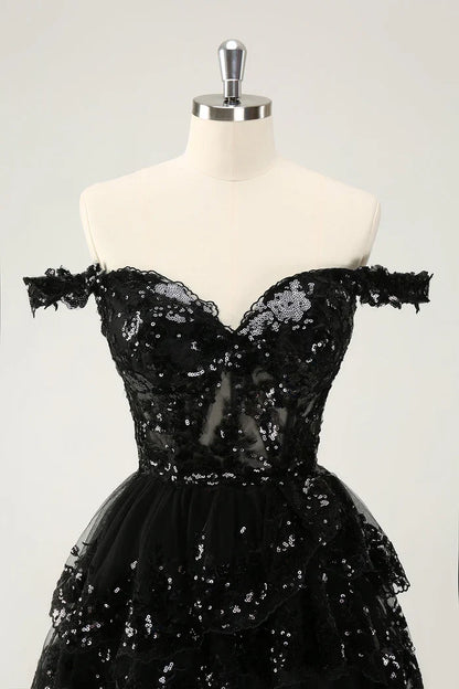 Dress Sparkly Black A Line Off The Shoulder Corset Tiered Lace Short Homecoming Dress Sleeveless Party Dress