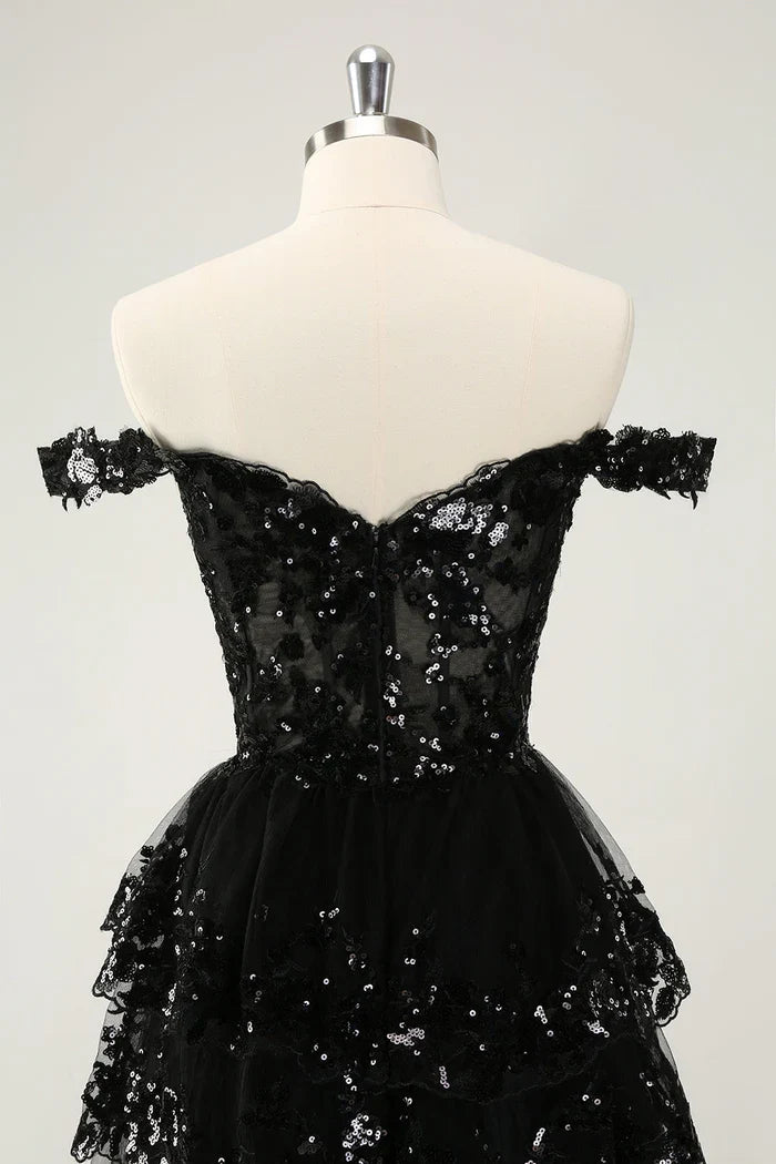 Dress Sparkly Black A Line Off The Shoulder Corset Tiered Lace Short Homecoming Dress Sleeveless Party Dress