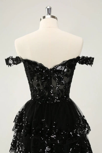 Dress Sparkly Black A Line Off The Shoulder Corset Tiered Lace Short Homecoming Dress Sleeveless Party Dress