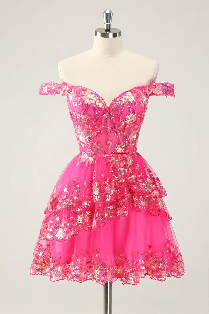 Dress Sparkly Black A Line Off The Shoulder Corset Tiered Lace Short Homecoming Dress Sleeveless Party Dress