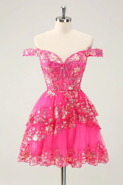 Dress Sparkly Black A Line Off The Shoulder Corset Tiered Lace Short Homecoming Dress Sleeveless Party Dress