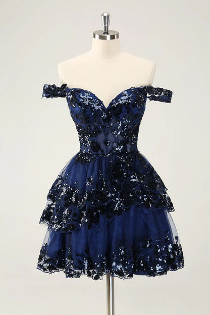 Dress Sparkly Black A Line Off The Shoulder Corset Tiered Lace Short Homecoming Dress Sleeveless Party Dress