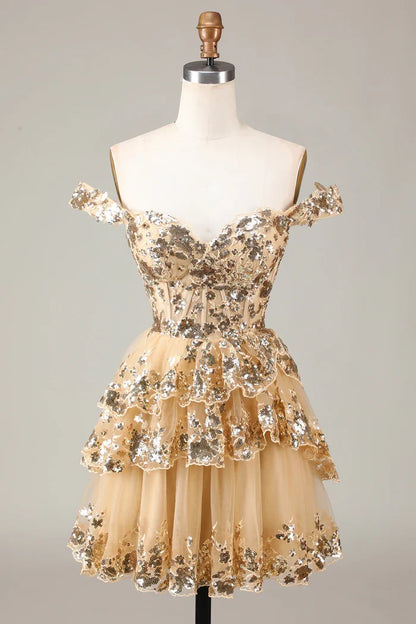 Dress Sparkly Black A Line Off The Shoulder Corset Tiered Lace Short Homecoming Dress Sleeveless Party Dress