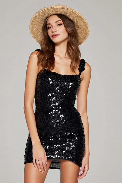 Dress Sparkly Black Sequin Tight Short Homecoming Dress Sleeveless Backless Party Dress