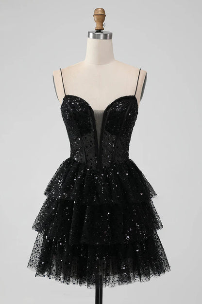 Dress Sparkly Black Spaghetti Straps Tiered Short Homecoming Dress Sequins Sleeveless Party Dress