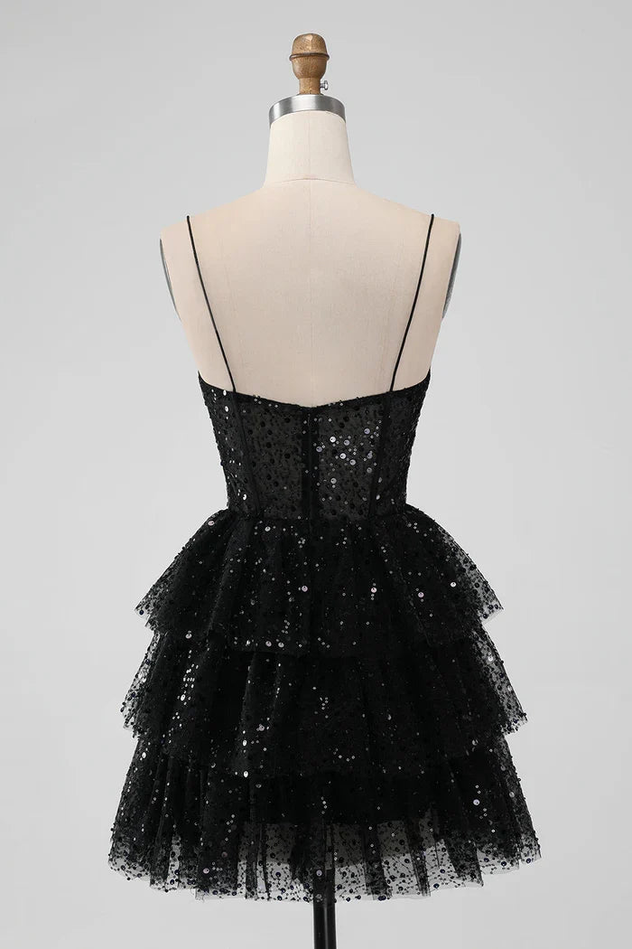 Dress Sparkly Black Spaghetti Straps Tiered Short Homecoming Dress Sequins Sleeveless Party Dress