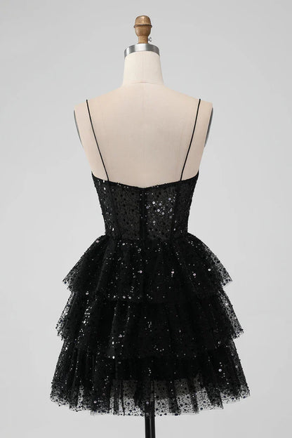 Dress Sparkly Black Spaghetti Straps Tiered Short Homecoming Dress Sequins Sleeveless Party Dress