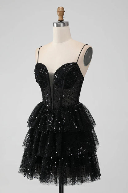 Dress Sparkly Black Spaghetti Straps Tiered Short Homecoming Dress Sequins Sleeveless Party Dress