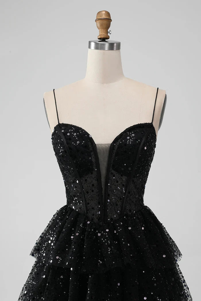Dress Sparkly Black Spaghetti Straps Tiered Short Homecoming Dress Sequins Sleeveless Party Dress