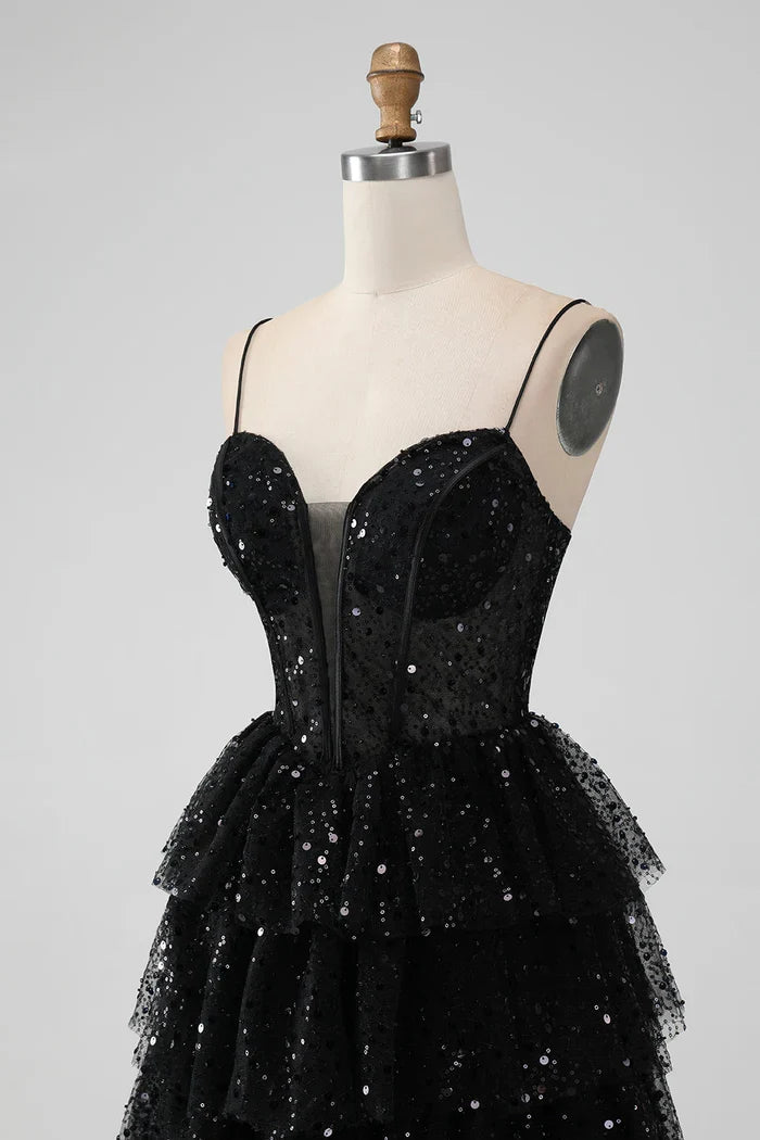 Dress Sparkly Black Spaghetti Straps Tiered Short Homecoming Dress Sequins Sleeveless Party Dress