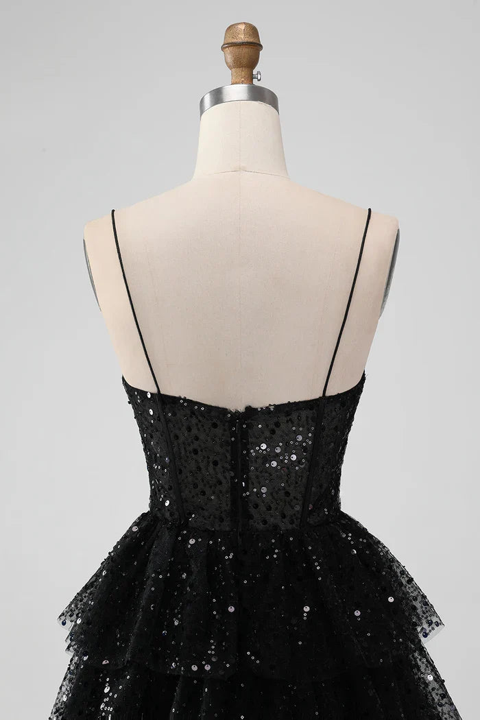 Dress Sparkly Black Spaghetti Straps Tiered Short Homecoming Dress Sequins Sleeveless Party Dress