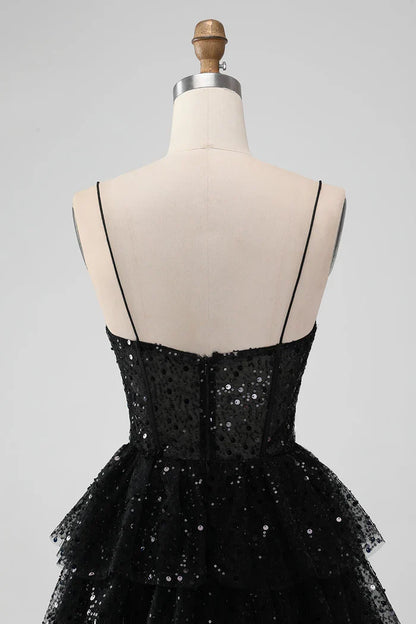 Dress Sparkly Black Spaghetti Straps Tiered Short Homecoming Dress Sequins Sleeveless Party Dress
