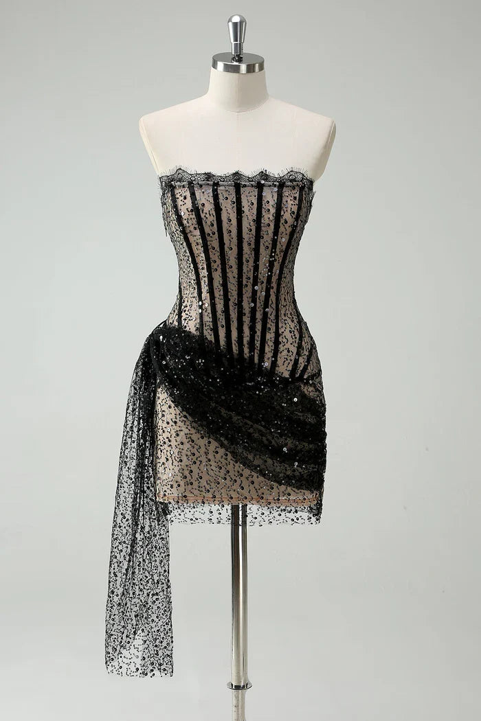Dress Sparkly Black Strapless Sequin Short Homecoming Dress Streamer Lace Up Party Dress