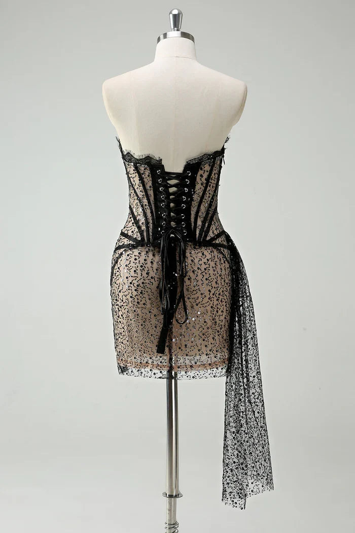 Dress Sparkly Black Strapless Sequin Short Homecoming Dress Streamer Lace Up Party Dress