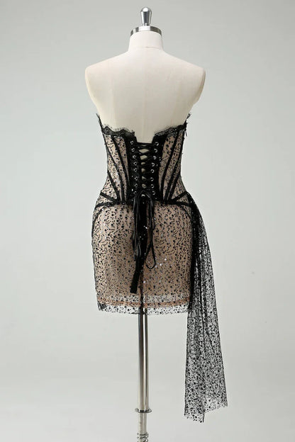 Dress Sparkly Black Strapless Sequin Short Homecoming Dress Streamer Lace Up Party Dress
