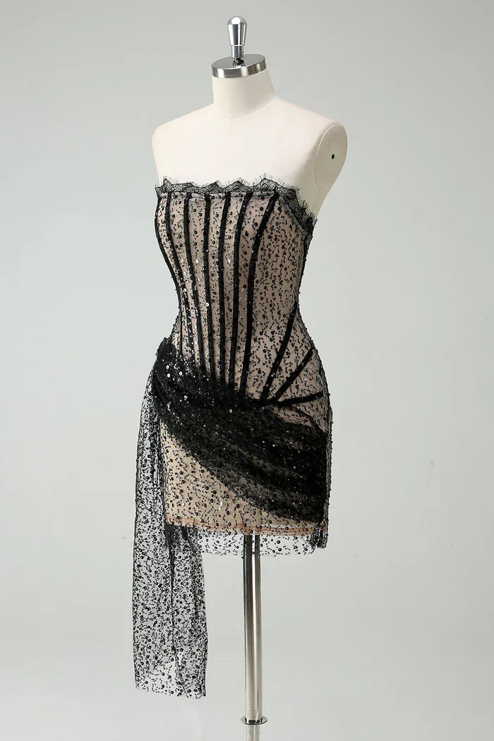 Dress Sparkly Black Strapless Sequin Short Homecoming Dress Streamer Lace Up Party Dress