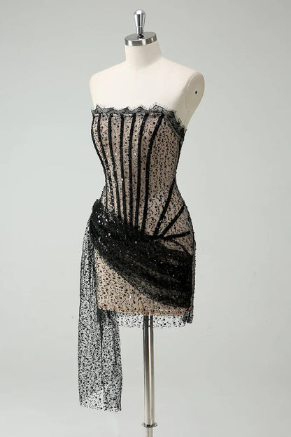 Dress Sparkly Black Strapless Sequin Short Homecoming Dress Streamer Lace Up Party Dress