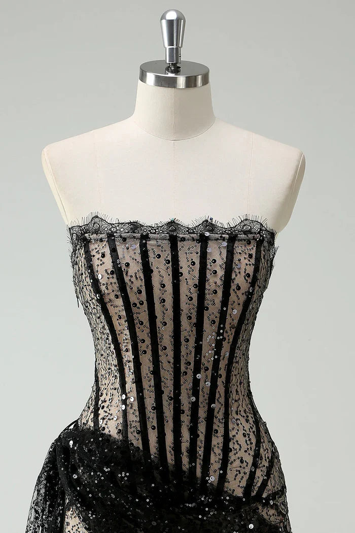 Dress Sparkly Black Strapless Sequin Short Homecoming Dress Streamer Lace Up Party Dress