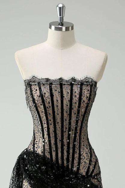 Dress Sparkly Black Strapless Sequin Short Homecoming Dress Streamer Lace Up Party Dress