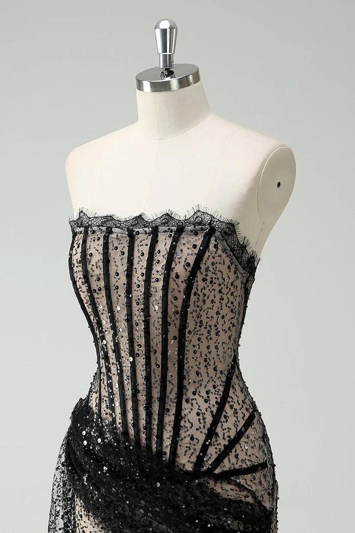 Dress Sparkly Black Strapless Sequin Short Homecoming Dress Streamer Lace Up Party Dress