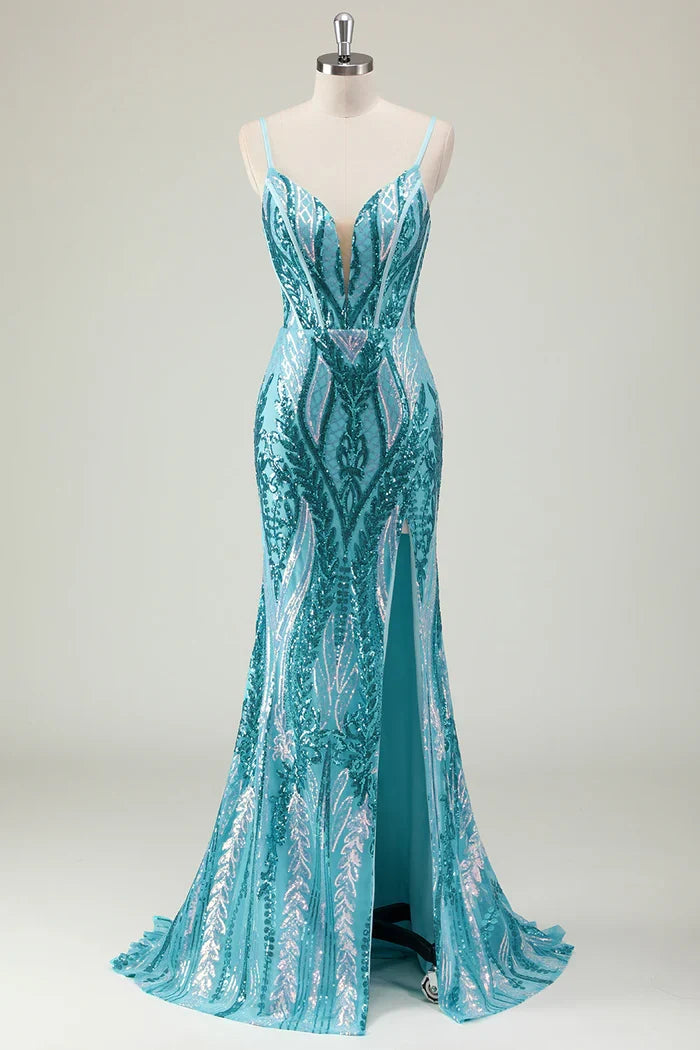 Dress Sparkly Blue Spaghetti Straps Sequined Maxi Dress Prom Dress Sleeveless Slit Evening Dress