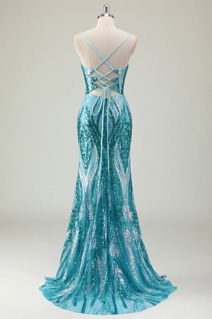 Dress Sparkly Blue Spaghetti Straps Sequined Maxi Dress Prom Dress Sleeveless Slit Evening Dress