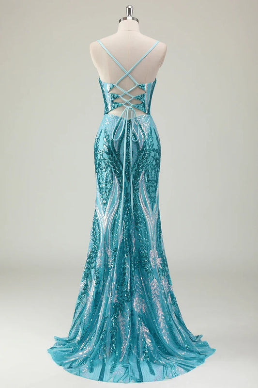 Dress Sparkly Blue Spaghetti Straps Sequined Maxi Dress Prom Dress Sleeveless Slit Evening Dress
