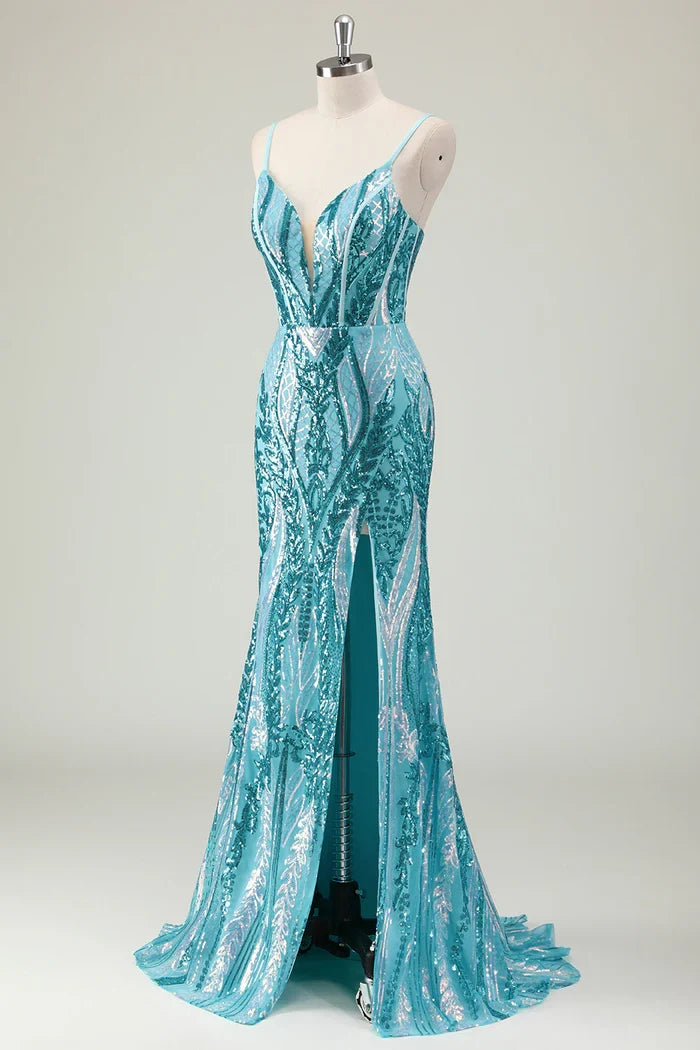 Dress Sparkly Blue Spaghetti Straps Sequined Maxi Dress Prom Dress Sleeveless Slit Evening Dress