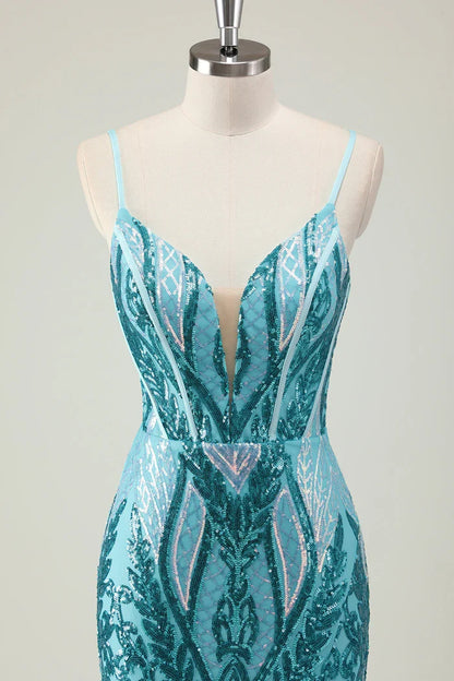 Dress Sparkly Blue Spaghetti Straps Sequined Maxi Dress Prom Dress Sleeveless Slit Evening Dress