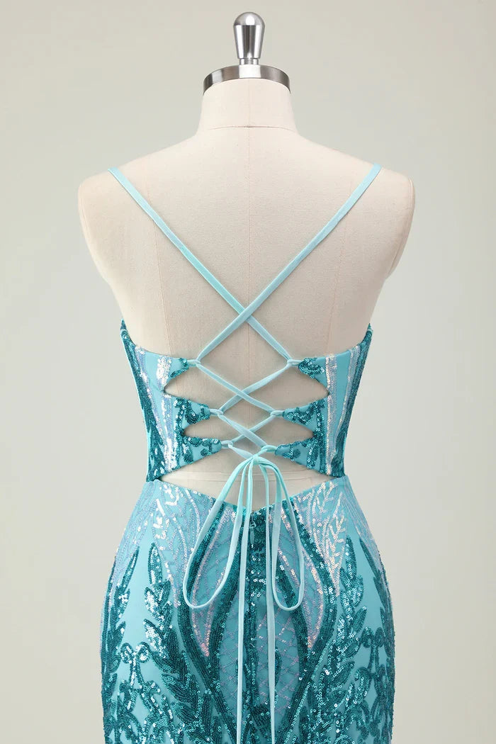 Dress Sparkly Blue Spaghetti Straps Sequined Maxi Dress Prom Dress Sleeveless Slit Evening Dress