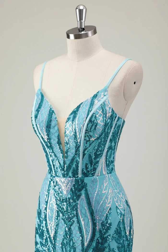 Dress Sparkly Blue Spaghetti Straps Sequined Maxi Dress Prom Dress Sleeveless Slit Evening Dress