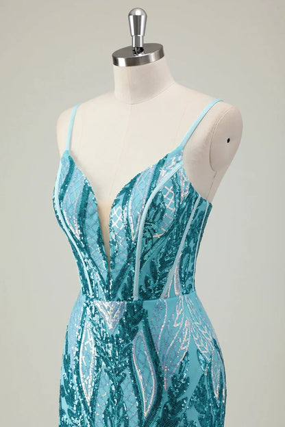Dress Sparkly Blue Spaghetti Straps Sequined Maxi Dress Prom Dress Sleeveless Slit Evening Dress