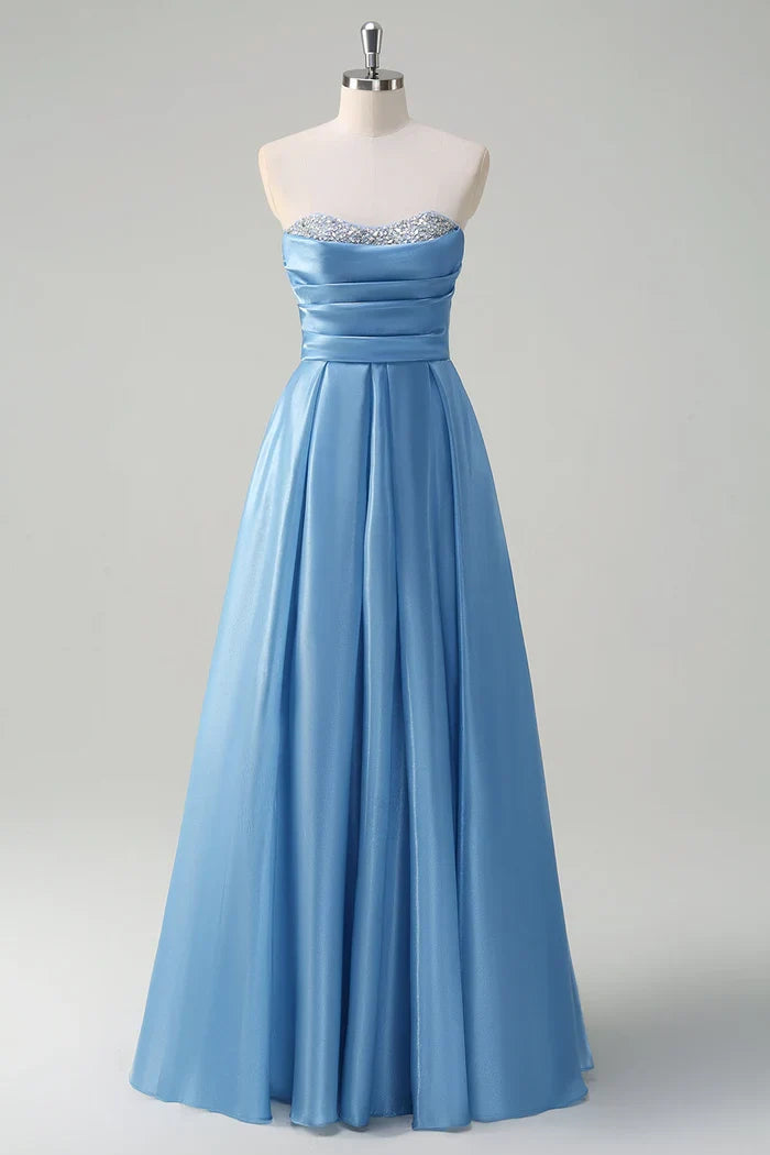 Dress Sparkly Blue Sweetheart A-Line Maxi Dress Prom Dress Sleeveless Pleated Satin Evening Dress