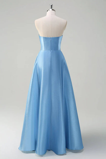 Dress Sparkly Blue Sweetheart A-Line Maxi Dress Prom Dress Sleeveless Pleated Satin Evening Dress