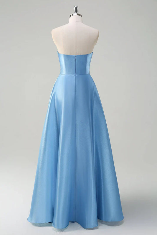 Dress Sparkly Blue Sweetheart A-Line Maxi Dress Prom Dress Sleeveless Pleated Satin Evening Dress