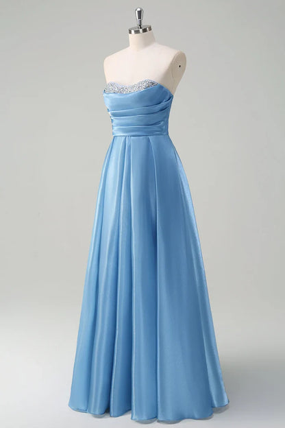 Dress Sparkly Blue Sweetheart A-Line Maxi Dress Prom Dress Sleeveless Pleated Satin Evening Dress